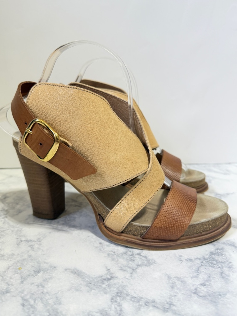 Anthropologie Coque Terra Women's Sanne Leather tan brown block Heels Size 9 - Picture 4 of 10